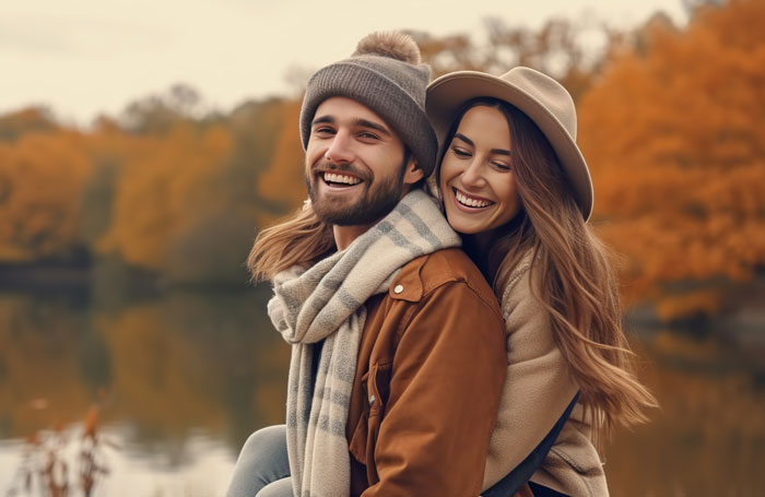 young couple outside walking